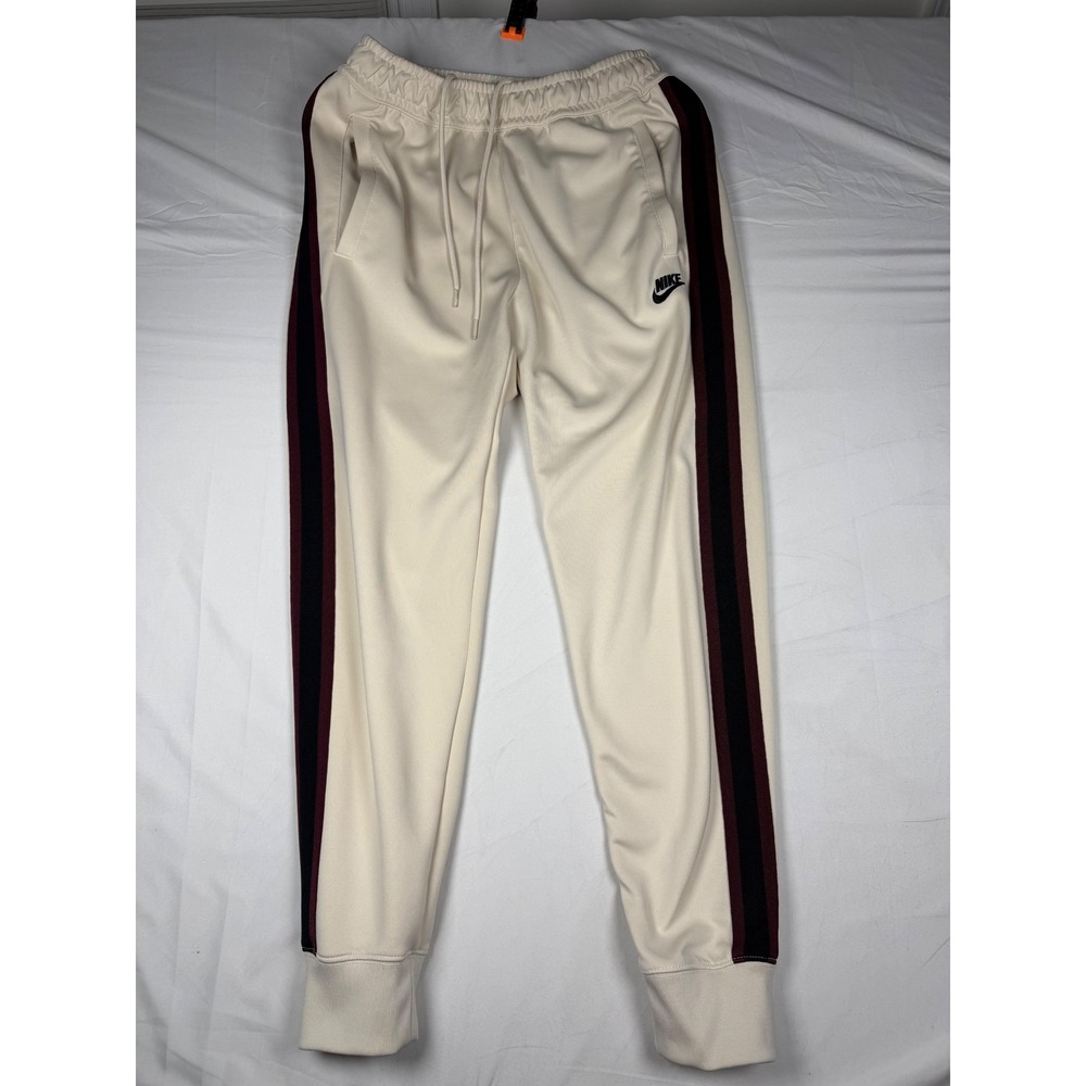 Nike Woman's Track Pants Cream Burgundy Black Stripe Joggers